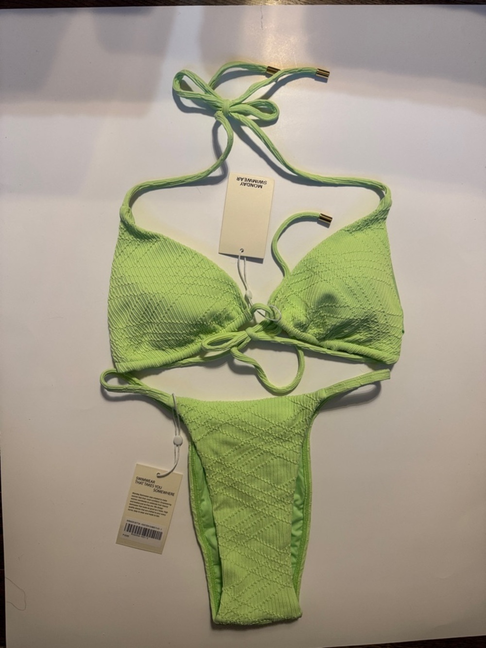 Lime Green Textured String Bikini Set - Picture 2 of 9